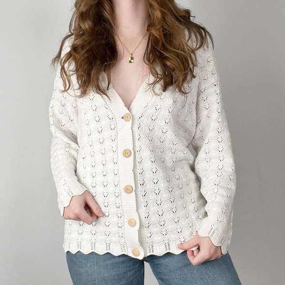 Stunning Vintage Oversized Pointelle Crochet Cable Knit Cardigan Sweater Jumper - Picture 2 of 6